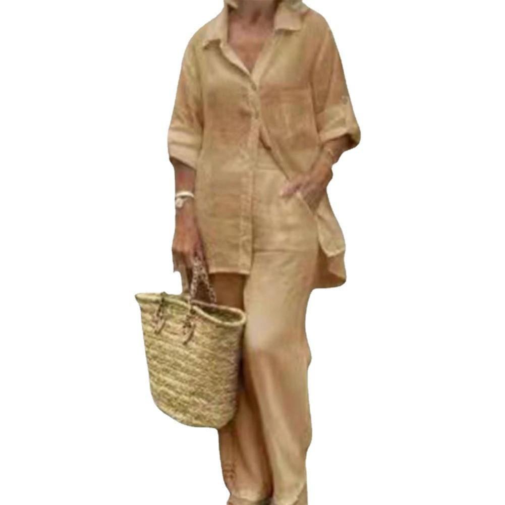 Elegant Solid Cotton Linen Shirt 2 Piece Set For Women Casual Outfits Autumn Long Sleeve Pocket Top Wide Leg Pants Suits Female