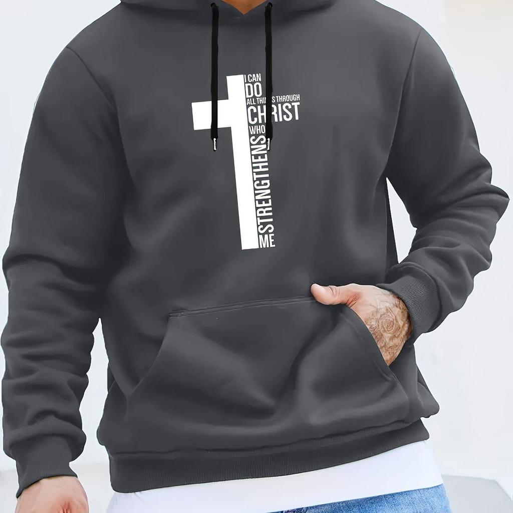 Men's 2025 Creative Black & White Cross Pattern Hoodie with Curved Hood