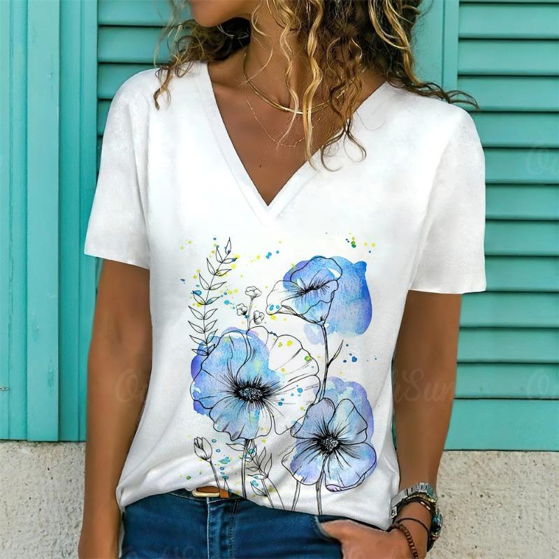 Plus Size 1XL-5XL Women's Summer V-neck Fashion Geometric Print T-shirt Women Casual Short Sleeved T-shirt