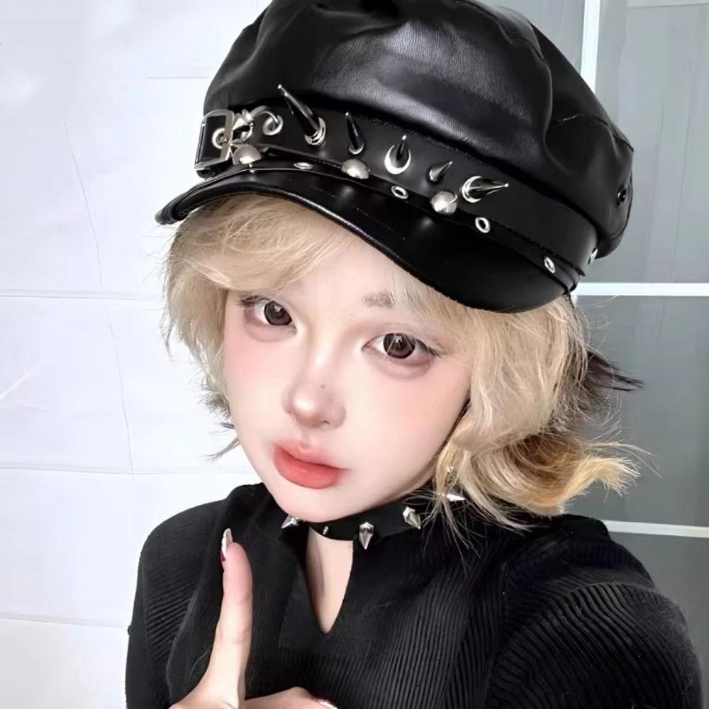 PU Leather Rivet Punk Cap Dark Retro Painter Hat Harajuku Gothic Spike Cap  Headdress