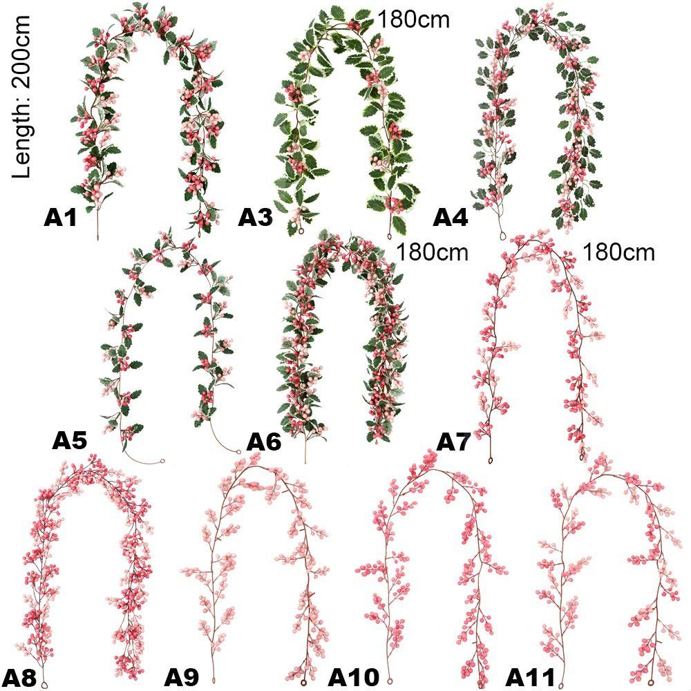 Green Leaves Christmas Pink Berries Wreath DIY Simulation Plants New Year