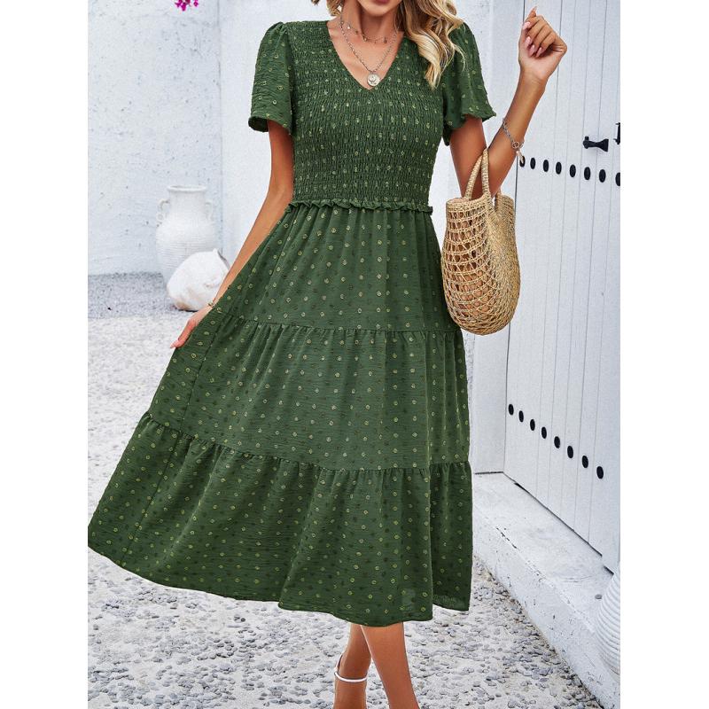 Long Dress For Woman Summer Solid Casual Beach Maxi Dress Short Sleeve V Neck Elegant Female Dresses Office Holiday
