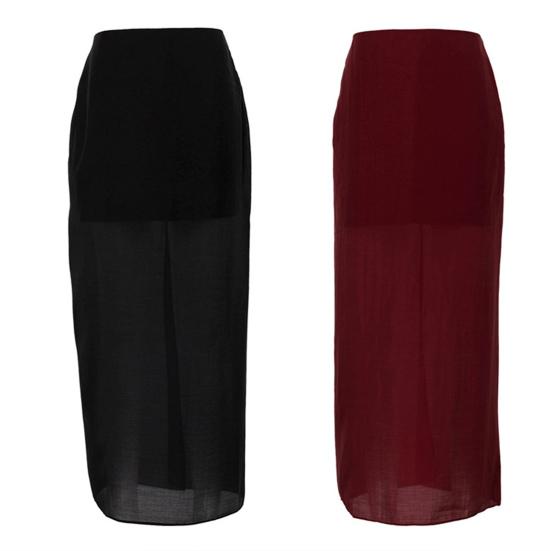 Women Maxi Skirt High Waist Mesh Yarn Cover Perspective Solid Color Skirt