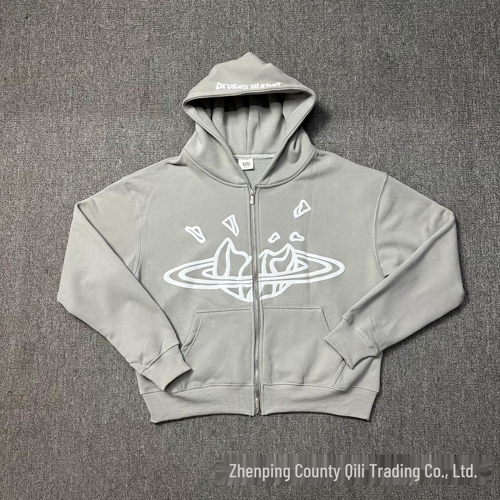 Americká trendy vícebarevná grafická dvouvrstvá kardiganová mikina