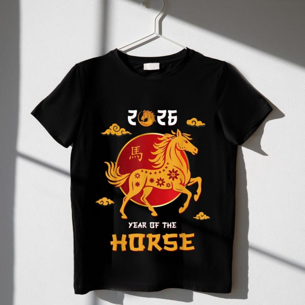 

Chinese New Year 2026 T-Shirt Year of The Horse Tee Lunar New Year Zodiac Horse Shirt CNY Celebration Clothing Unisex Women Tops 4XL