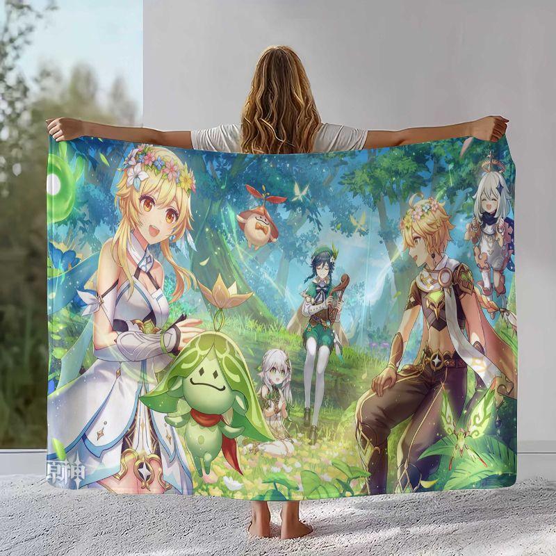 Classic Game Genshin Impact Cartoon Flannel Blanket,Ultra Soft Warm Plush Throw for Home Bedroom Bed Sofa Cover Office Camping