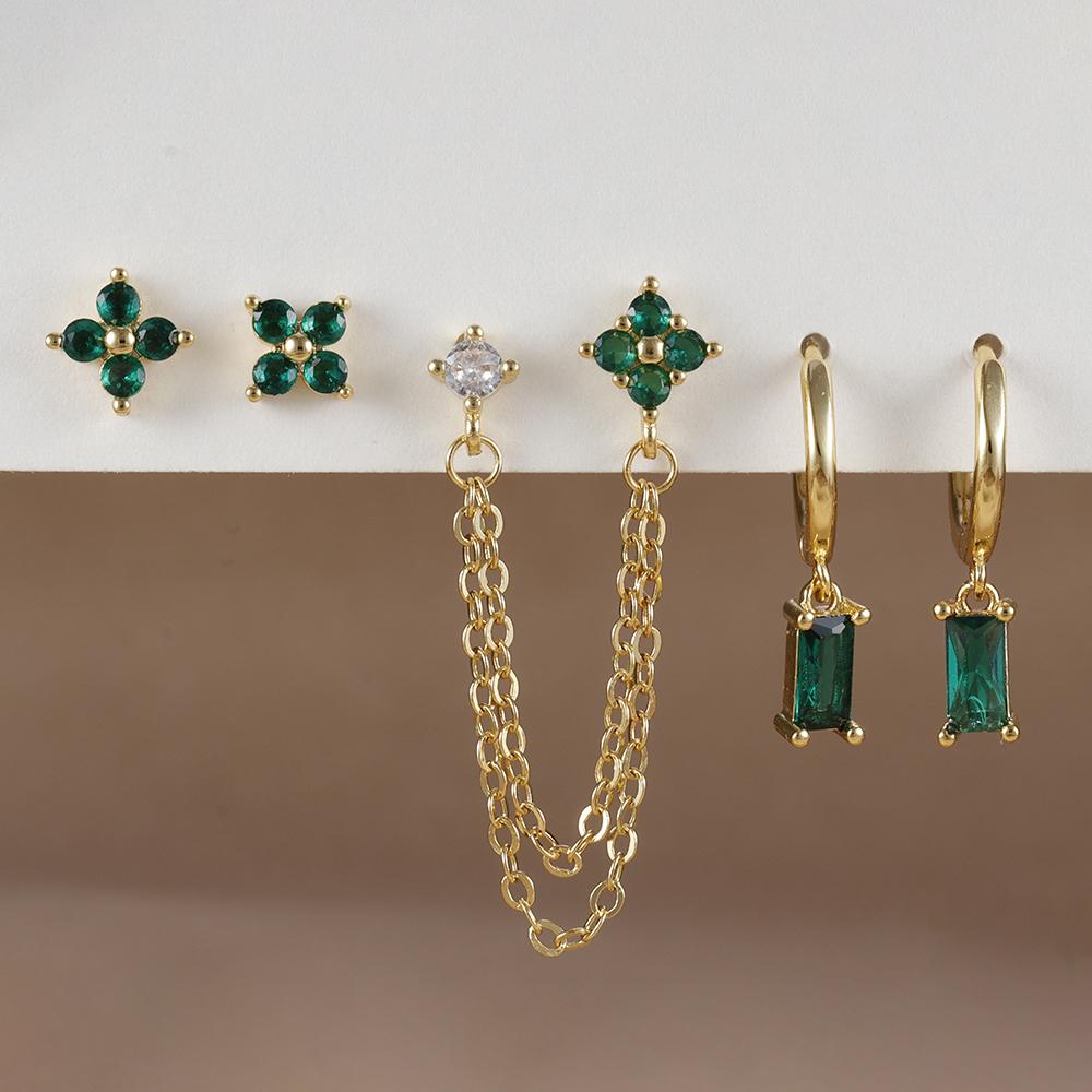 2PCS Stainless Steel December Birthday Stone Square Hanging Earrings Cubic Zirconia Chain Flower Dangle Earring Piercing Jewelry