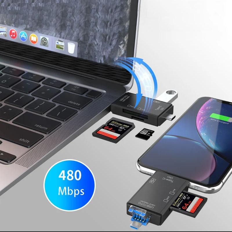 6 in 1 Type C/USB Card Reader 6 Port USB Disk Micro SD TF Memory Card Writer Mobile Phone Adapter Laptop Computer USB Extender