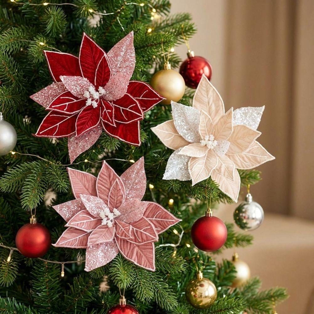 Glitter Powder Artificial Poinsettia Pick Colorful Christmas Decor Flower Christmas Tree