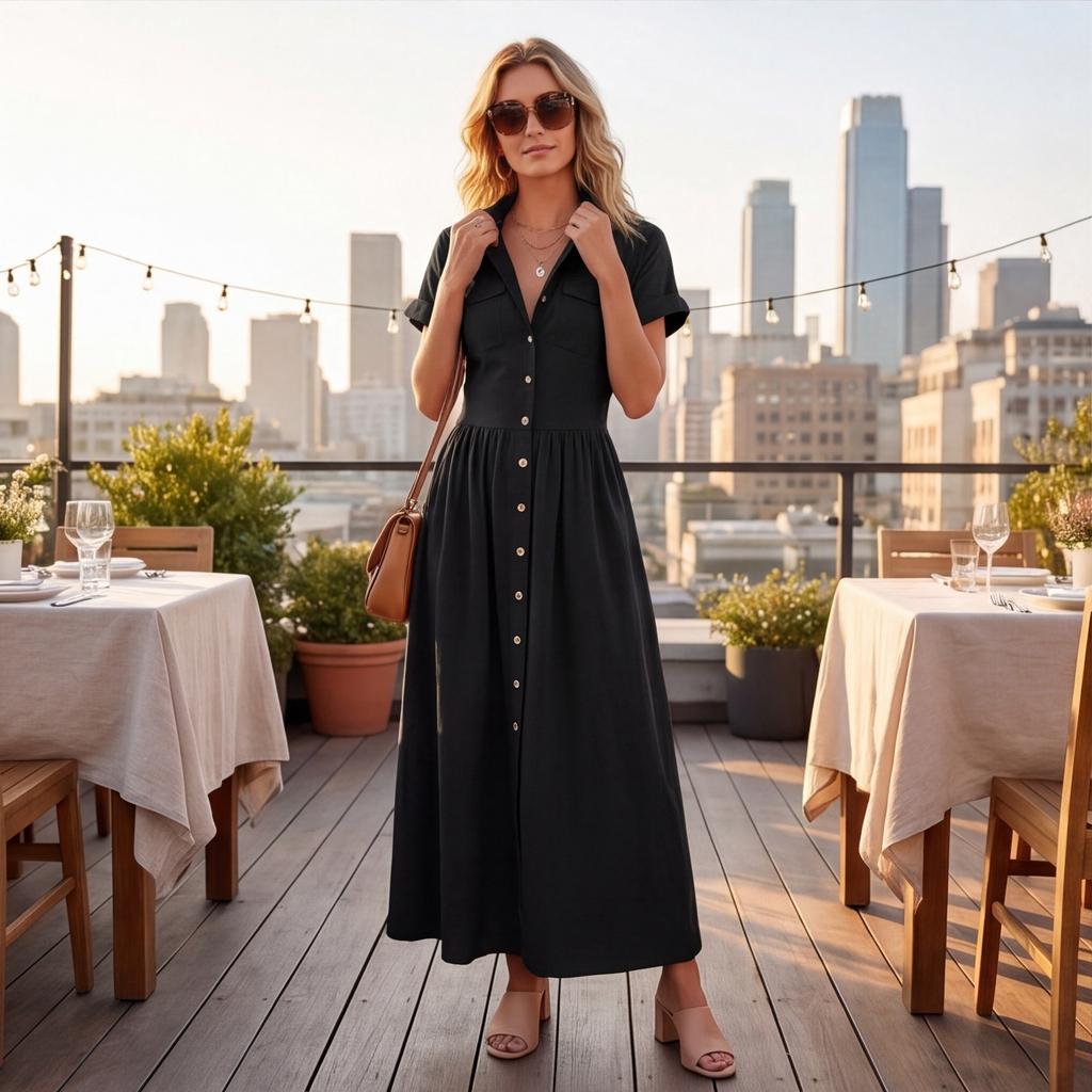 Vestido Largo Estilo Vintage para Mujer con Botones Delanteros, Manga Corta, Cuello, Casual, Maxi Vestido con Diseño Occidental y Detalle de Bolsillo