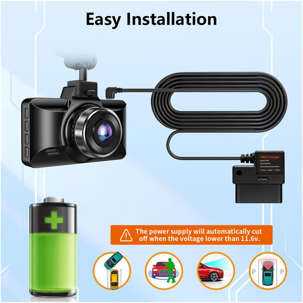 OBD Power Adapter Plug And Play 12V/24V To 5V Step-Down Line Hardwire Car Monitor Wire For Parking Lot Road Trips Daily Driving