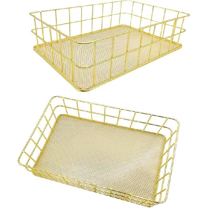 2Pcs Bathroom Gold Organizer Basket Decor basket -Desktop Storage Flat Basket - Exquisite Vanity Dresser ornament Storage Basket Office stationery