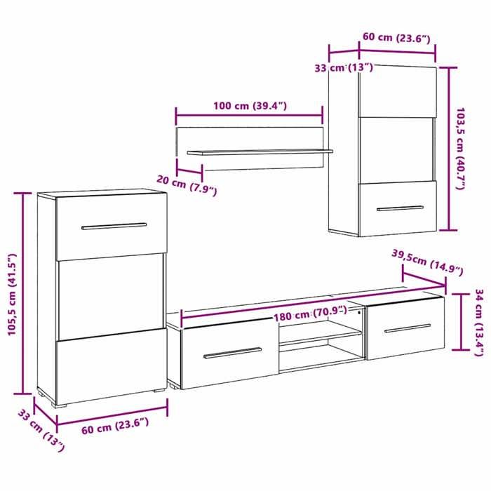 VidaXL Meubles TV 5 pcs avec lumière LED indigo mat bois d'ingénierie, meuble TV, meuble de rangement multimédia, meuble de 3324235