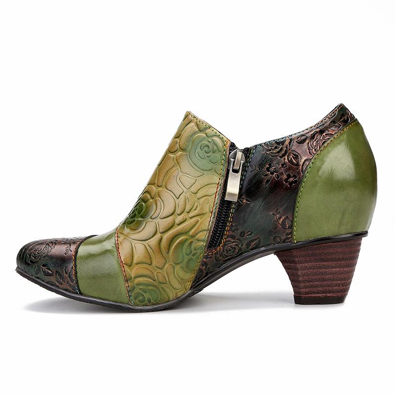 Johnature Genuine Leather Ethnic Style Pumps Women Shoes Round Toe Fashion Handmade Med Heels Ladies Shoes