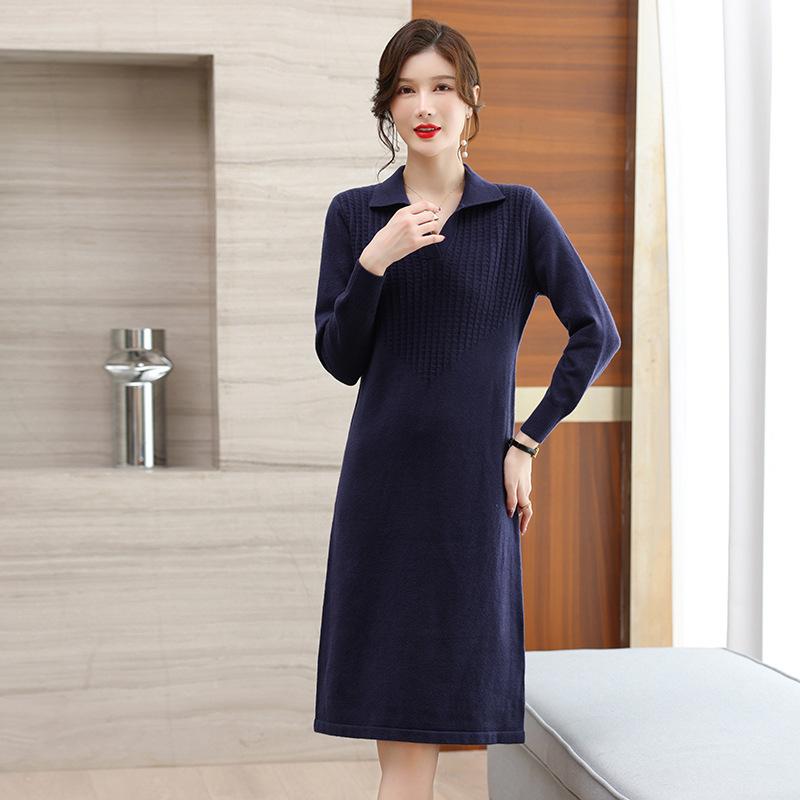 

Осень и зима новый средней длины и длинный выше колена свободный скрыть живот внутреннее платье женский отложной воротник вязаный базовый свитер юбка One size тёмно-синий