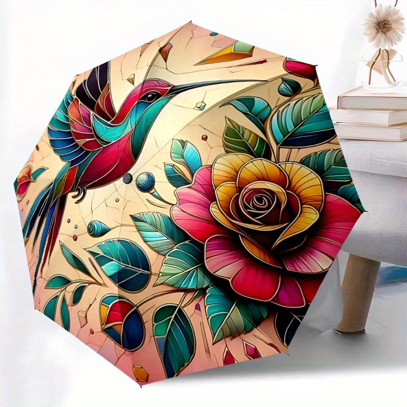 1pc Stained Glass Hummingbird Theme Automatic, Cute Cartoon Pattern, Portable Outdoor Umbrella, Perfect, Holiday Gift for fans.A082