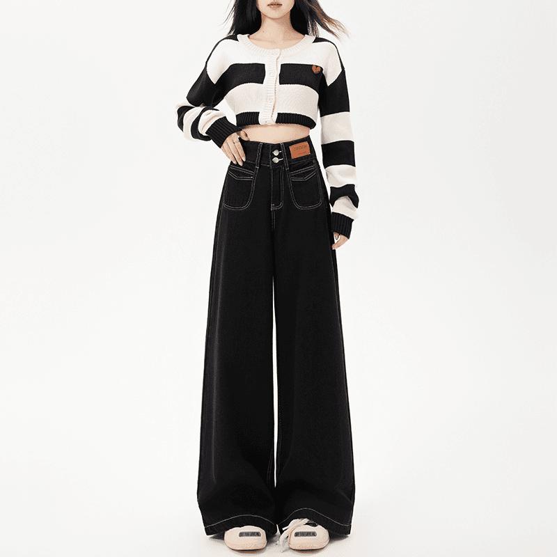 Plus Fleece Thicken Straight Comfortable High Street Wide Leg Women Autumn Winter Comfortable Pocket High Waist All-match Jeans