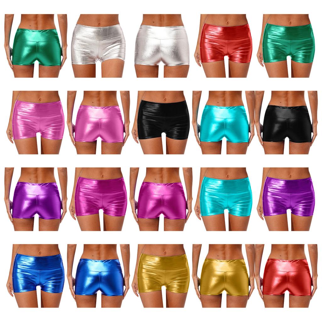 Dameskinnende metalliske hotpants høy midje slim fit korte bukser sports-danse shorts