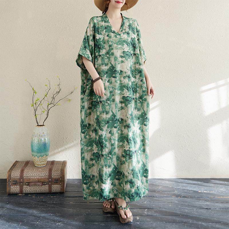 DIMANAF 2025 Women Plus Size Summer Dress Basic Long Dress Vintage Cotton Linen Casual Floral Printing Loose