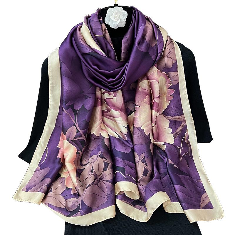 Autumn and Winter New Beautiful Brocade Silk Silk Satin Simulation Silk Foreign Silk Scarf High Fashion Versatile Sunscreen Shawl Scarf