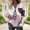 Women Plus Size Purple Blue White Geometric Leaf Print V Neck Half Zip Long Sleeve Sweatshirt