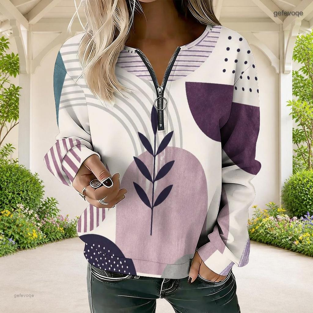 Women Plus Size Purple Blue White Geometric Leaf Print V Neck Half Zip Long Sleeve Sweatshirt
