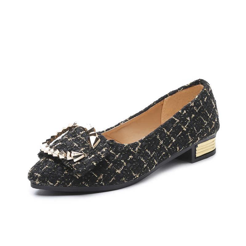 Fashion Thick Heeled Women's Shoes 2024 New Fully Equipped Pointed Flat Shoes Houndstooth Metal Decoration Shallow Mouth Middle Heel