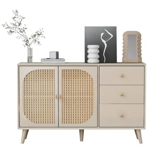 TV Desk Spacious Countertop with 3 Drawers 2 Doors Hutch Cabinet Ergonomic Handle Living Room Home Sideboard Dining Furniture Kitchen