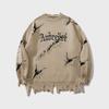 YWFG Men's Retro Letter Raw Edge Sweater - 2024 Autumn/Winter, Loose Fit, Versatile, Round Neck, Long-Sleeved Knit, Unisex.