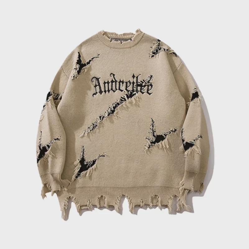 YWFG Men's Retro Letter Raw Edge Sweater - 2024 Autumn/Winter, Loose Fit, Versatile, Round Neck, Long-Sleeved Knit, Unisex.