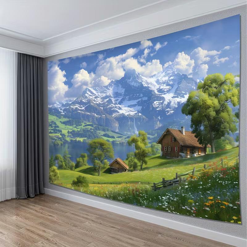 2D Swiss Countryside Tapestry, Snow-Capped Mountain & Lake View Wall Hanging for Home Decor