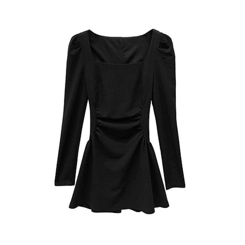 YYFS Dámská móda Jaro Podzim Jednobarevný potisk Neformální šaty se čtvercovým límcem s dlouhým rukávem a vysokým pasem