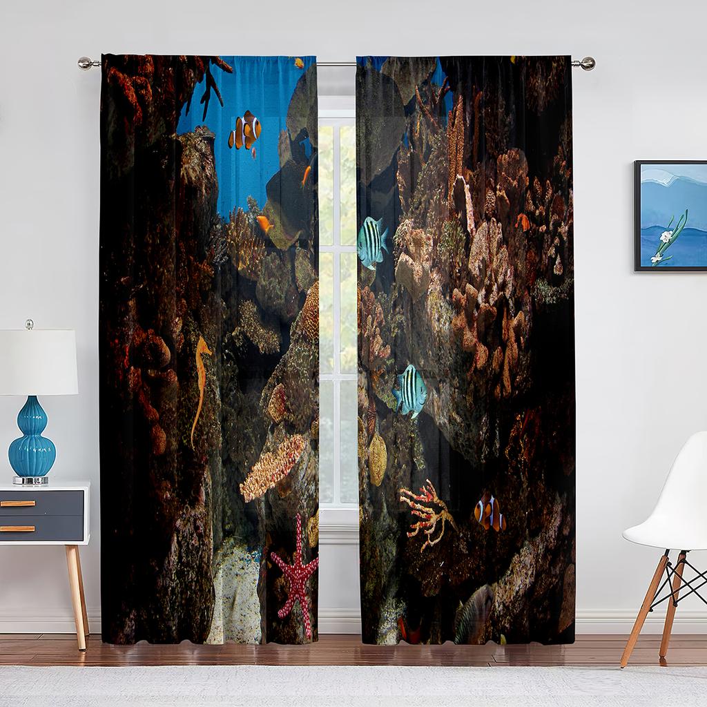 Zasłona woalowa z motywem oceanu, przezroczysta, z motywem podwodnych ryb tropikalnych, koralowców, zwierząt morskich, tiulowa zasłona okienna do sypialni, salonu