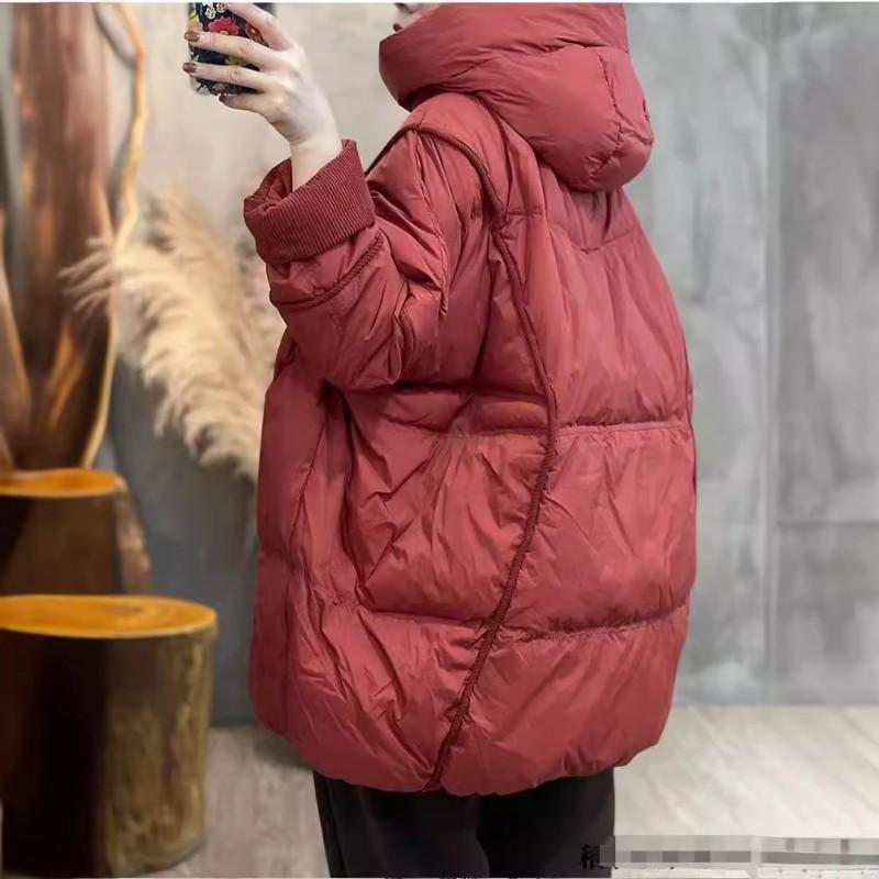 Womens Mid-Length Loose Hooded White Duck Down Winter Coat Warm Thick Puffer Jacket Commuting Outdoor