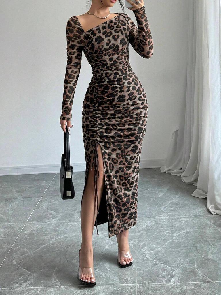 2025 Cross-Border Leopard Print Long Sleeve Slim Fit Casual Dress