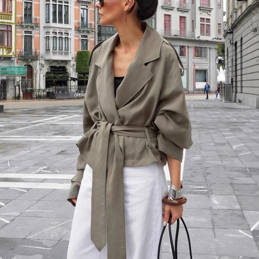 Women's Green Tie-Waist Long Sleeve Jacket
