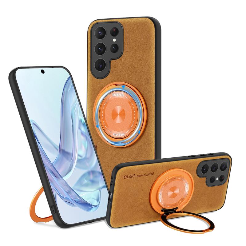 For Magsafe Magnetic 360°Rotat Metal Car Bracket Ring Leather Phone Case For Samsung S25 Ultra S23 S20 S21 S22 S24 Ultra Plus FE