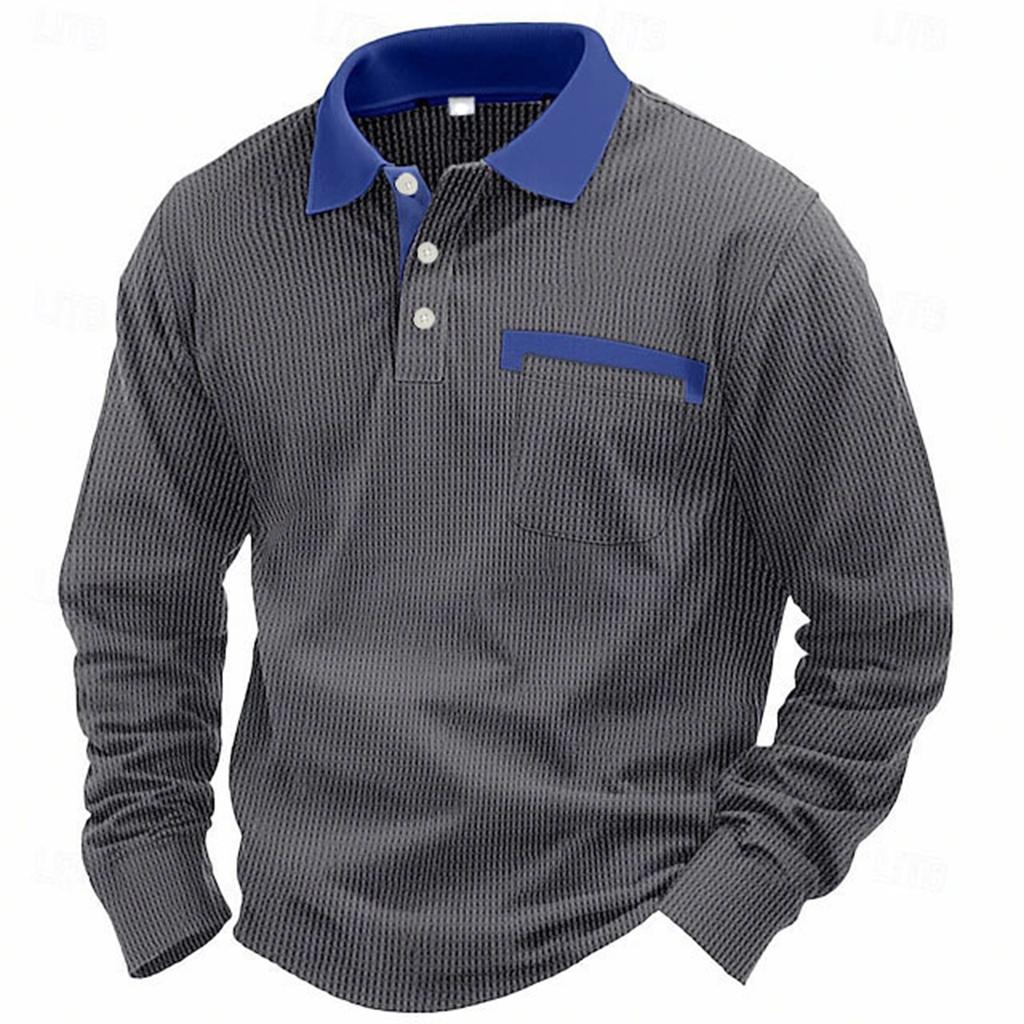 Men's Casual Loose Colorblock Lapel Button Long Sleeve Top