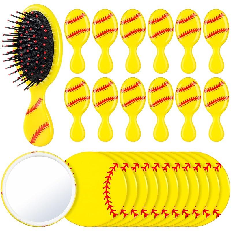 Meanplan 24 Pcs Softball Gifts for Team Bulk Softball Party Favors Include 12 Pcs Air Cushion Hair Brush and 12 Pcs 2.7 Inch Compact Mirror Round Softball