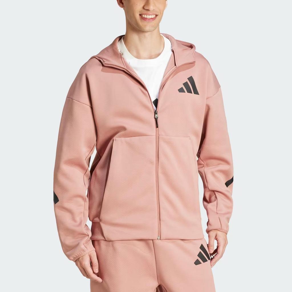 adidas ZNE. Roupa Esportiva FW24 Moda Jaqueta Minimalista com Capuz Masculina Jaqueta Rosa JD2908