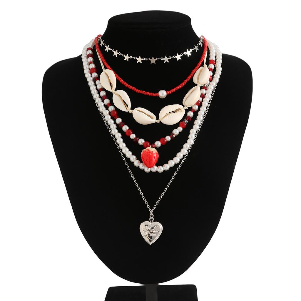 Multi-layered Sweet Strawberry Pendant Necklace Y2K Clavicle Chain Imitation Pearl Beaded Shell Necklace Heart Wed Accessories