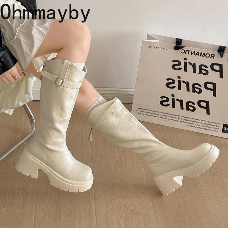 Winter Platform Thick Heel Women Knight High top Cosy Soft Leather Street Mordern Long Booties De Mujes