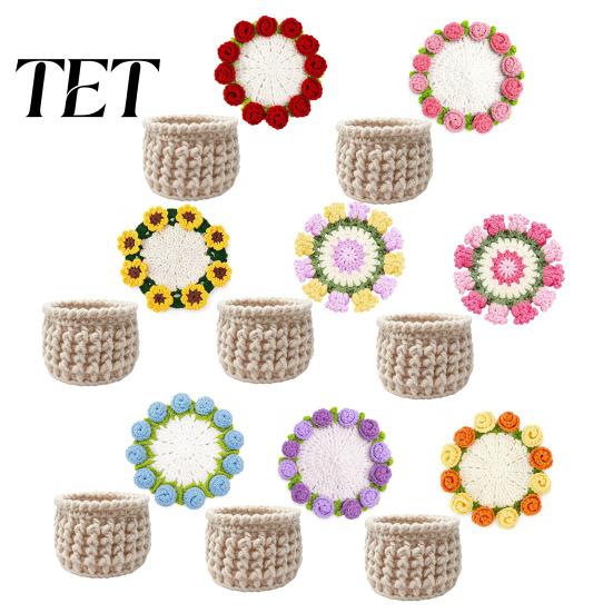 Decorative Plant Pot Display Stand Crochet Flower Bouquet Coaster, Handmade Knit Rose Mug Mat Transforms Into Bouquet, 2-in-1 Teacher Appreciation