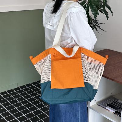 Mesh Pocket Large Capacity Tote Bag Female Clashing Colour Foldable Transparent Hollow Out Beach Bag Shoulder Bag