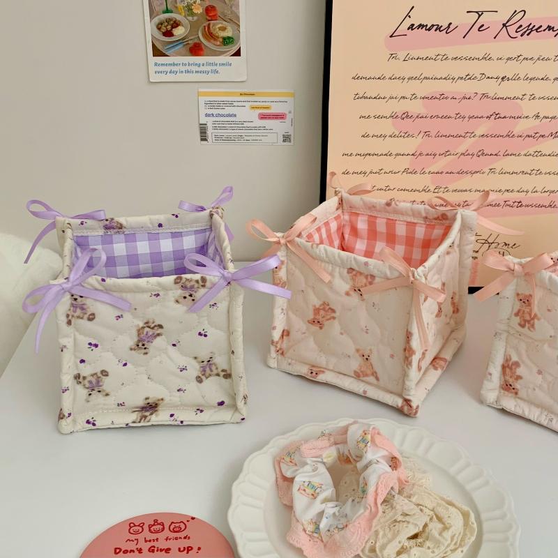 Square Storage Basket Lace Flower Desktop Organizer Storage Basket Korean Quilted Storage Basket Cute Storage Frame Decoration