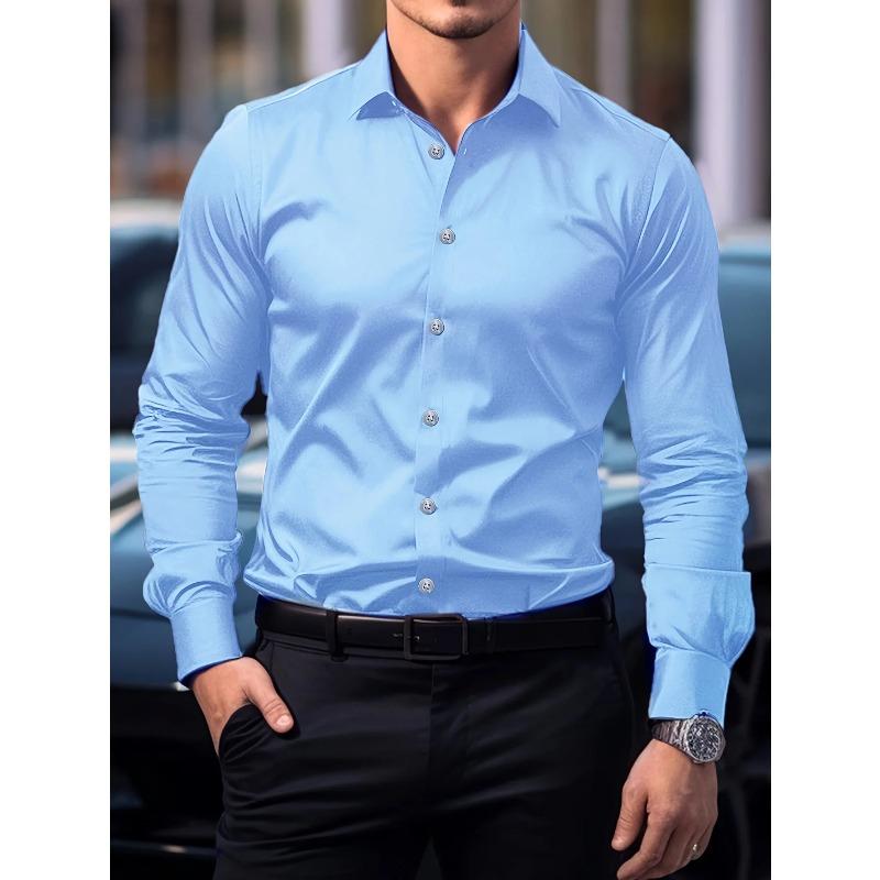 New Men Shirt Brand New Solid Color Long Sleeve Elastic Fabric Men's Multiple Colors Male Quality Basic Shirt