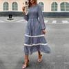 Women Autumn Winter O Neck Lantern Sleeve Lace High Waist Pleated Printed Dress