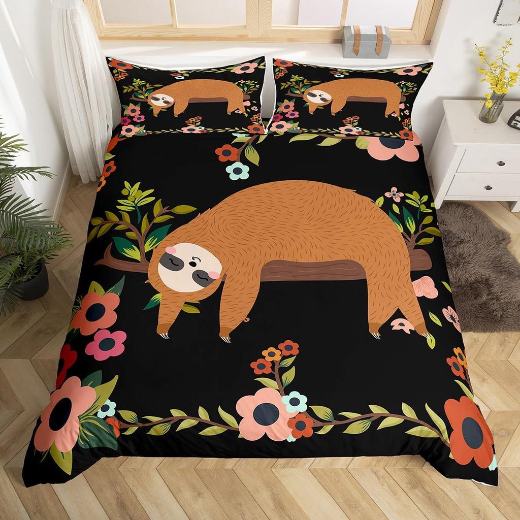 Kids Cute Sloth Duvet Cover Set Cartoon Sloth Printed Comforter Covers Boys Girls 3D Animal Themed Lovely Duvet Cover 2/3 Pcs