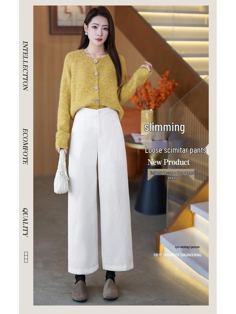 Petite Wool Blend Wide-Leg Cropped Pants for Women - 2025 Autumn/Winter Collection: Fashionable, Slimming, Casual Style.