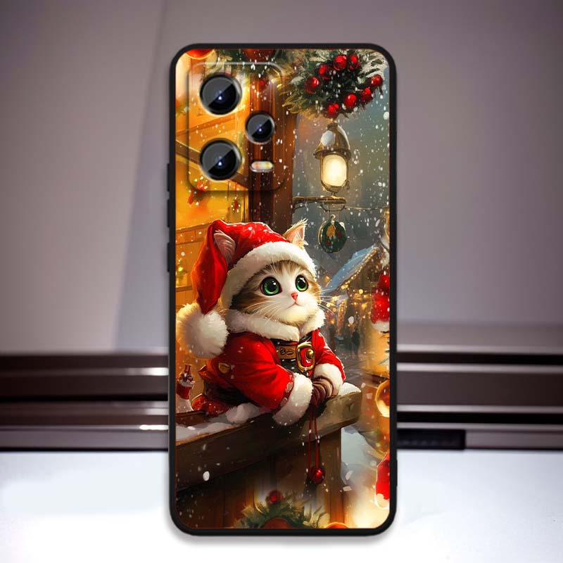 Christmas Cartoon Cat Art Phone Case For Xiaomi Redmi Note 15 14 13 12 12S 11E 11 11S Pro Plus 4G 5G Black Soft TPU